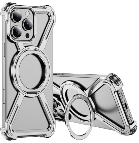 SIYOPINPFY X Custodia per iPhone 16 Pro Max Metallo Titanio Senza Cornice Protezione con anello rotazione Magnetico a 360° Compatibile con MagSafe Antiurto Cover per iPhone 16 Pro Max, Argento THJ
