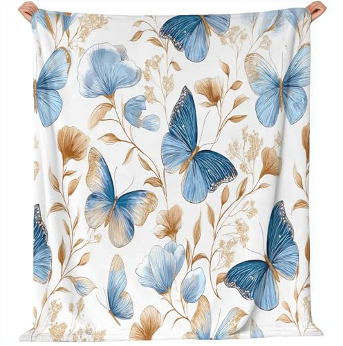 127 x 152 cm Fleece Blanket for Chair Sofa Couch, Blue Brown Sherpa Blanket Retro Plants Flowers Butterflies Themed Fuzzy Soft and Light Bed Throw Blankets for Men Women