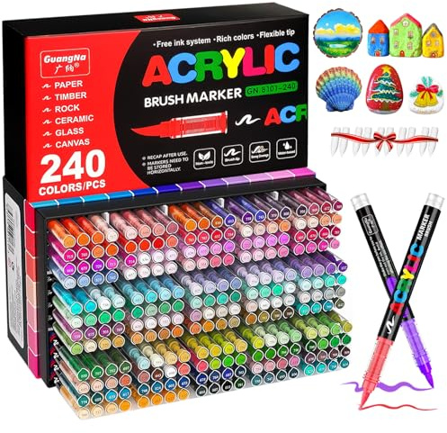 Camiki Art Acrylic Paint Pens, 240 Colors Acrylic Brush Paint Markers, Acrylic Markers for Rock Painting Stone Glass Ceramic Wood Metal Fabric
