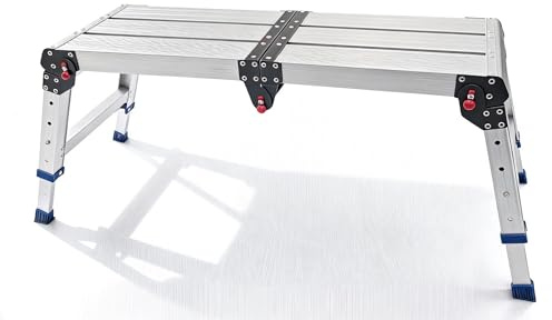 Thirrni Alu Arbeitsplattform Klappbare bis 360 kg, für Heimwerker, Bauprojekte, Industrielle Verstärkter Plattformoberfläche, Verstellbare Plattformleiter mit Sicherheitsschlössern