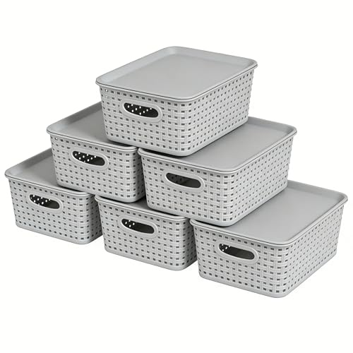 Oymlclivisa 6 Packs Woven Plastic Storage Baskets with Lids, Light Grey | Lidded Organizer Shelf Basket, Stackable Storage Boxes for Bathroom, Office, Cupboard