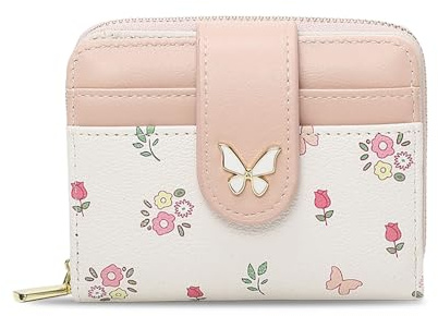 XFSRG Kleines Portemonnaie Damen Portmonee Klein mit Blumen und Schmetterlingsprint Münzfach 4 Kartenfächer Kompaktes Portmonee Mini Geldbeutel Mädchen (Rosa)