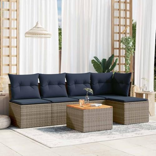 YuuSsea 6-teiliges Gartensofa-Set, Grau Polyrattan Outdoor Möbel, Modulares Lounge-Set mit Kissen, Akazienholz-Tisch, Stauraum für Terrasse, Balkon, Garten