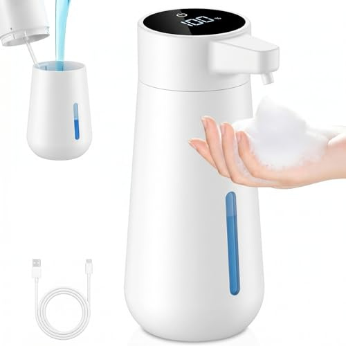 Dispenser automatico di sapone schiumoso, grande capacità da 450 ml, con indicatore LED, sensore a infrarossi senza contatto, batteria da 1800 mAh, USB, 4 livelli regolabili, bianco, per bagno, cucina