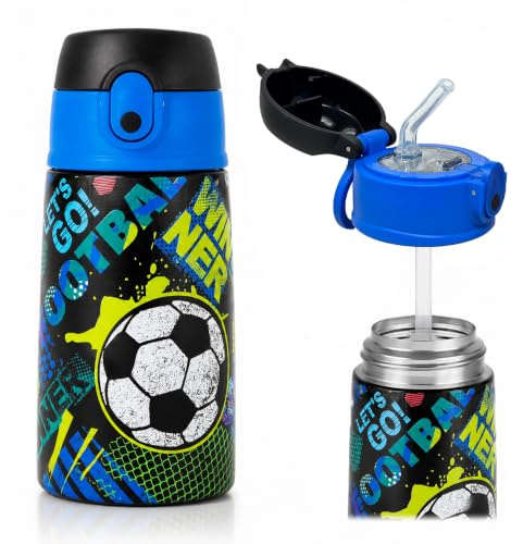 Borraccia Termica Bambini 400ml in Acciaio Inox, Bottiglia Acqua con Cannuccia e Tappo Pop-Up, Antigoccia e Senza BPA, Ideale per Scuola, Asilo e Sport (Goal Power)