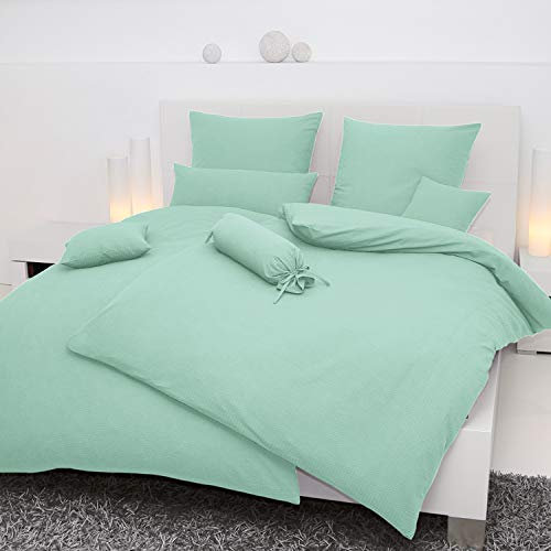 Janine Mako Soft Seersucker Bettwäsche in 19 Uni Farben 200x200 + 2 x 80x80 in hellgrün
