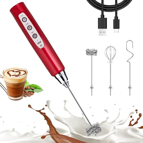 Nahida Montalatte rosso per caffè – Frusta elettrica portatile ricaricabile con 3 teste, 3 velocità, miscelatore per bevande per latte, cappuccino, cioccolata calda