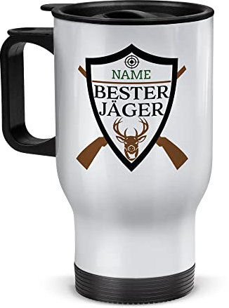 Tassendruck Edelstahl-Thermobecher selbst gestalten mit Name - Bester Jäger - Coffee to Go Becher, Reisebecher, Jäger Geschenke, Jagd Zubehör, Waidmannsheil | Personalisiertes Geschenk, Weiß, 390 ml