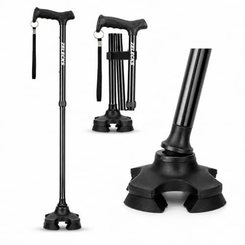 ZELECKS Walking Cane for Women & Men - Self Standing Adjustable Folding Cane with T Handle and 360 Pivot Base - Lightweight Foldable Walking Stick for Seniors - Collapsible Cane for Walking