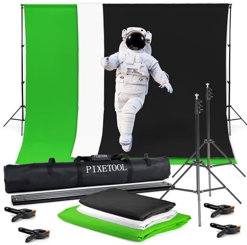 PIXETOOL Greenscreen (3m x 3m) mit Ständer (2,6m x 3m) - Fotohintergrund - Fotostudio Set – Green Screen - Hintergrund – 3x Hintergrundstoffe - Stativ - 4 Klemmen – Gaming Streaming Fotografie Zubehör