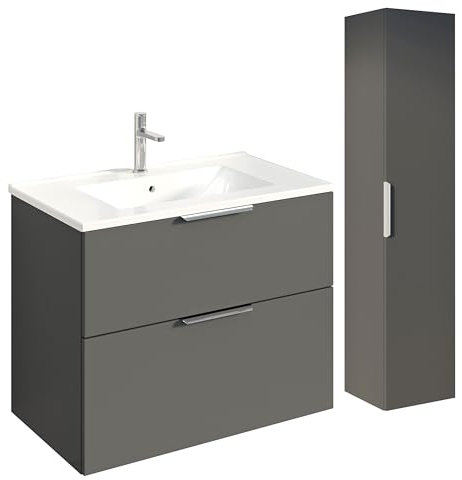 BERNSTEIN Badmöbel-Set Tim 80cm Waschbeckenunterschrank mit Waschtisch und Seitenschrank, Unterschrank in Anthrazit matt, Griffe in Chrom,Keramik-Waschbecken vormontierter Unterschrank