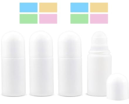 NALoRa 4 Stück 50ml Kunststoff Leer Roller Flaschen Roll On Flaschen Aromatherapie Flaschen mit Rollenkugel mit 8 Aufkleber,für Parfüm, ätherische Öle, Hautpflegeprodukte