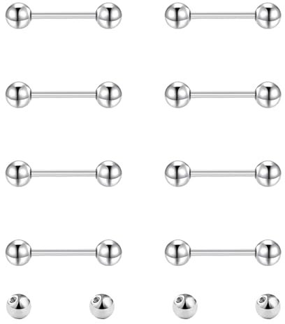 Gojewen 8er Zungenpiercing Brustwarzenpiercing und 4er Ersatzkugel Chirurgenstahl Silber Piercing Zunge Brustwarze Barbell 10mm