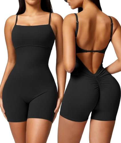 Vertvie Sport Jumpsuit Damen Kurz Eng Scrunch Butt Sommer Yoga Einteiler Gym Overall Ärmellos Bodysuit Padded V-Back Fitness Romper Workout Rückenfrei(Schwarz,S)