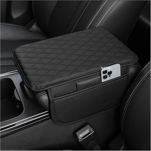 Starnearby Coussin d'accoudoir de Voiture avec 2 Sacs de Rangement, Housse de Protection pour Accoudoir Central de Voiture, Tapis de Boîte d'accoudoir de Voiture en Cuir PU Universel (Noir)