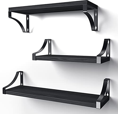 Pipishell 3 Stück Wandregal Holz und Metall, Wandregale zur Aufbewahrung, rustikaler Metalldraht, für Wohnzimmer, Schlafzimmer, Büro, Badezimmer oder Küche (Schwarz)