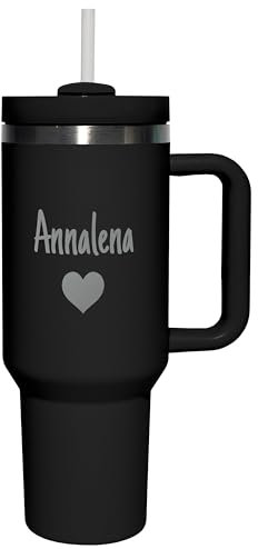 Thermobecher personalisiert „Wunschname“ mit Gravur & wählbarem Symbol - Trinkbecher mit Deckel und Strohhalm 1,2 l / 40 oz - Geschenk Geburtstag Weihnachten - Farbe Black