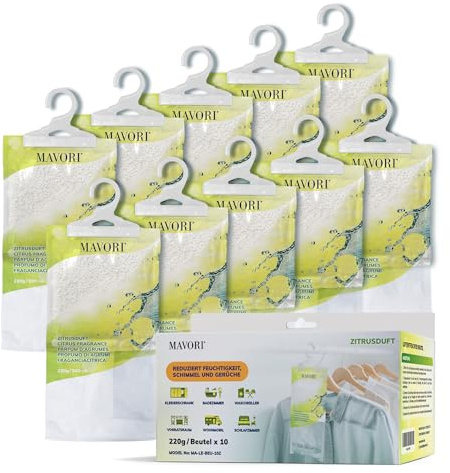 MAVORI Set 10 deumidificatori XL da appendere | deumidificatori a sacchetti | deumidificatore da armadio e assorbiumidità per ambienti contro umidità, fino a 500 ml per sacchetto (Profumo di agrumi)