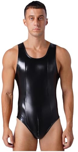 Msemis Glänsande jumpsuit för män brottning singlet latex catsuit väst lackläder wetlook metallisk stringbody party yoga nattkläder nattklubb, svart, XXL