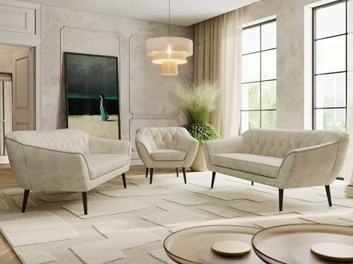 MKS MEBLE Sofagarnitur PIRS 3 + 3 + 1 - Couchgarnitur im skandinavischen Design, Gesteppte Polsterung, Wellenfederung, Wohnzimmer Sofa Set - Schwarze Beine, Beige Velvet