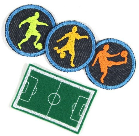 Bügelbilder Paket Aufbügler Junge 4 Flicken Set Bügelflicken ø 5cm Fußballer Fußballplatz 4,7 x 7 cm klein zum aufbügeln für Kinder und Erwachsene