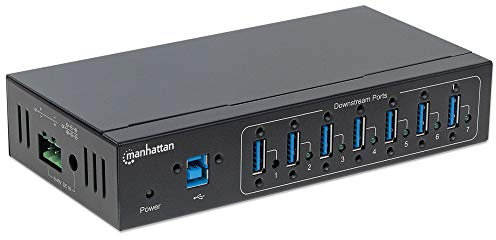 Manhattan USB-A 7-Port Hub Industrial, 7x USB-A Ports, 5 Gbps (USB 3.2 Gen1 aka USB 3.0), 20 kV ESD Protection, A/C, Bus and Terminal-Block Power Options, DIN Rail, Wall Mountable, Metal Housing,Black