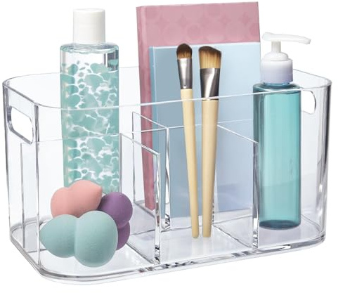 STORi Bliss 5-Compartment Plastic Cosmetics Storage Organizer | Clear | Rectangular Divided Makeup Bin & Vanity Caddy with Pass-Through Handles | Round Corner Design | Made in USA