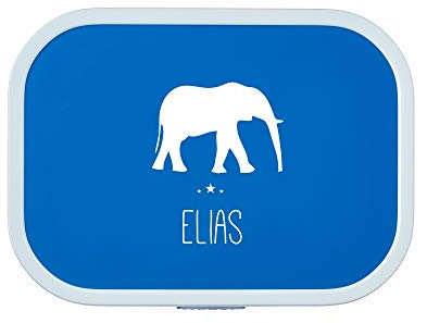 4youDesign Personalisierte blaue Brotdose -ELEFANT Silhouette- mit Namen – inkl. Bento Box & Snack-Gabel für Schule & Kindergarten, Geschenk für Kinder (Blau)
