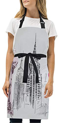 Wamika I Love New York Verstellbare Schürze für Zuhause, Küche, BBQ, Kochen, Kaffee, Grau, Freiheitsstatue, Latz, Schürze, wasserdicht mit Taschen für Frauen und Männer