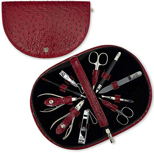 DREI SCHWERTER Germany Maniküre Set Nageletui 'Brescia' - 10-tlg. aus Kunstleder in weinroter Straussoptik| Inhalt: Nagelschere, Nagelzange, Glasnagelfeile und vieles mehr