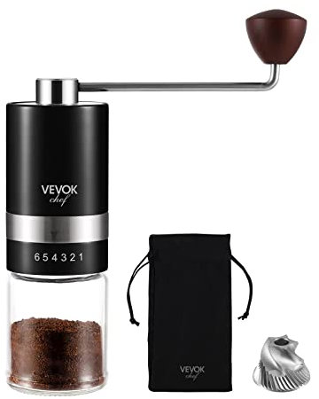 VEVOK CHEF Manuelle Kaffeemühle, Handkaffeemühle, 6 externe verstellbare Einstellungen, Edelstahl, konischer Grat, Kaffeemühle, tragbare Handkurbel, Kaffeebohnenmühle, fein für Espresso
