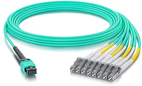10Gtek Fiber Optic Cable Patch Cord - MPO to 8X LC Fanout Fiber Jumper Cable, OM3 MMF 8-core Fiber, Application for QSFP+Transceiver, 3-Meter(9.8-ft), Breakout 0.5m