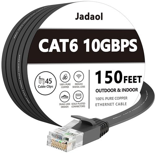Jadaol Cat 6 Ethernet Cable 150ft (45.72m), Outdoor & Indoor, 10Gbps Support Cat 8 Cat 7 Network, Long Flat Internet Lan Patch Cord, Cat6 High Speed Weatherproof Cable for Router, Modem, Switch, Black