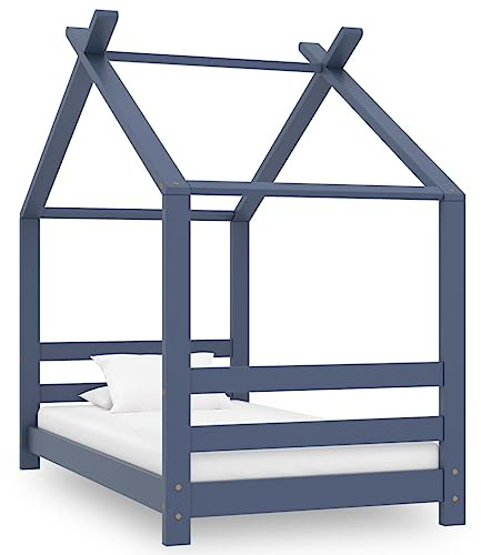 vidaXL Kiefernholz Massiv Kinder Bettgestell Kinderbett Hausbett Bett Holzbett Kinderhaus Spielbett Lattenrost Kinderzimmer Grau 70x140cm