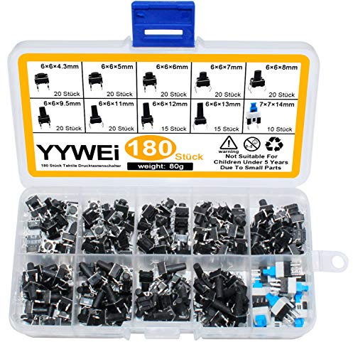 180Pcs Tactile Bouton-Poussoir Bouton Poussoir Tactiles Kit D'assortiment D'interrupteurs, Bouton-Poussoir Momentanés à 4 Broches, pour Arduino