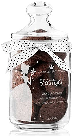 Maverton Keksglas mit Gravur - Glasbehälter mit Deckel - Bonbonglas mit eleganter Schleife - Vorratsglas personalisiert - Geschenk für Naschkatze & Hobbybäckerin Frauen - Prinzessin