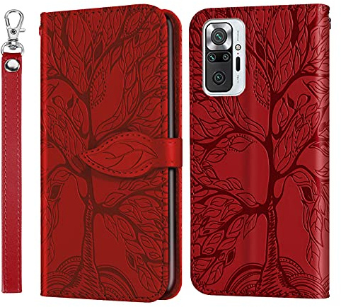 Succtopy Hülle für Xiaomi Redmi Note 10 Pro PU Leder Folio Flip Handy Schutzhülle Redmi Note 10 Pro Blatt Magnetisch Klappbar Brieftasche Cover Case Klapphülle Xiaomi Redmi Note 10 Pro,Baum Rot