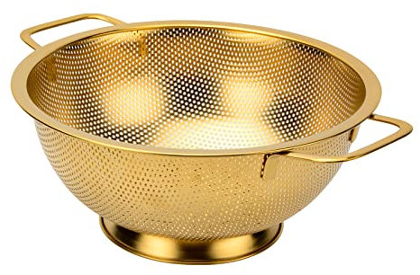 Snailhouse Colander, 3 Quart Stainless Steel Pasta Rice Food Metal Strainer with Handles and Self-draining Base for Kitchen, Gold