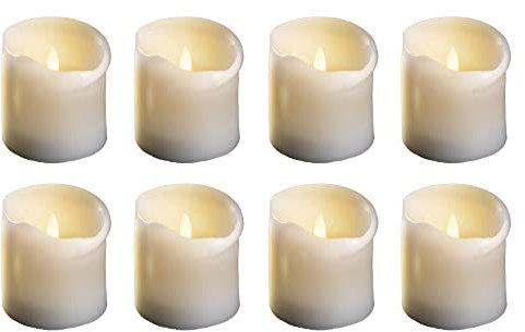 8 velas LED pequeñas, con temporizador, 7,5 cm de diámetro, 7,5 cm de altura, 2 pilas AA, velas LED de cera auténtica, con efecto parpadeante, vela LED estrecha, iluminación de Navidad
