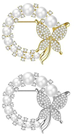 Weenkeey 2 PCS Butterfly Pearl broche guirlande broche de sécurité mariage mariée broche femmes Crystal strass broche col revers broche robe chemise Blazer Badge - gold silver