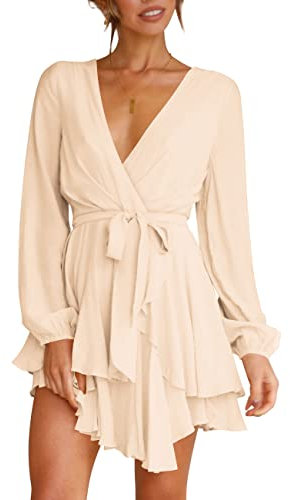 Cosonsen Women's Dress Deep V-Neck Long Sleeve Waist Tie Ruffle Mini Swing Skater Dresses, Champagne, S