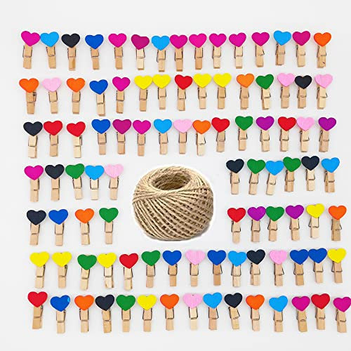Lot de 100 mini pinces à linge en bois colorées en forme de cœur avec ficelle de jute de 30 m pour loisirs créatifs, mariages, événements et décorations