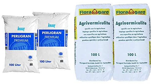 Knauf Gartenbau Perlite Perligran 2-6 mm 2x100 L • 200 L & Vermiculite 2x100 L Brutsubstrat für Reptilien in Terrarien Abdeckmaterial im Kübel gegen Unkrautbefall und Verdunstung • 200 L