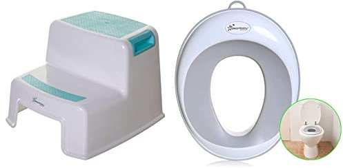 Dreambaby 2-UP Step Stool - Toddlers Stool - Slip Resistant - Aqua-Model G685 & EZY- Potty Training Toilet Seat Topper, Non-Slip and Great for Travel, Grey, Toilet Training Seat