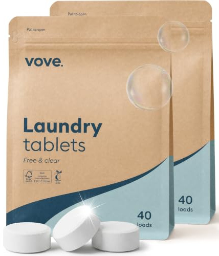 Vove Laundry Detergent Tablets, 80 Washes, Plant-Based Fragrance-Free | Plastic-free, PVA-free, zero microplastics, enzyme-powered stain removal, works in cold water, septic safe