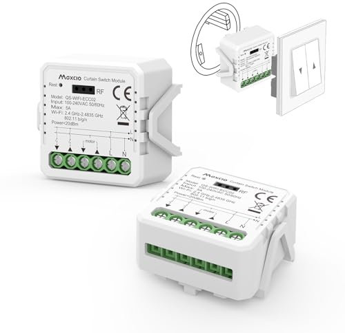 Maxcio Interruptor Persianas WiFi Módulo, Relé de Persiana WiFi con Función de Porcentaje, Temporizador, Control por App y Voz, Interruptor Persiana Compatible con Alexa/Google Home, 2 Packs