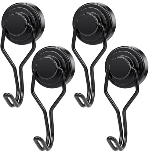 Wukong 19KG(48LB) Silwy Haken Magnetisch Extra Stark, 4 Stück Neodym Magnete mit Haken, 25mm Groß Magnethaken Stark,Schwarz Starke Magnete Haken für Camping, Lager und Küchen
