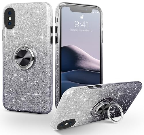 SouliGo for iPhone X/XS Case Glitter Bling Sparkle Shiny Sparkly Girls Cover 360° Ring Holder Kickstand Magnetic Car Mount Phone Case for iPhone X/XS 5.8, Gradient Black