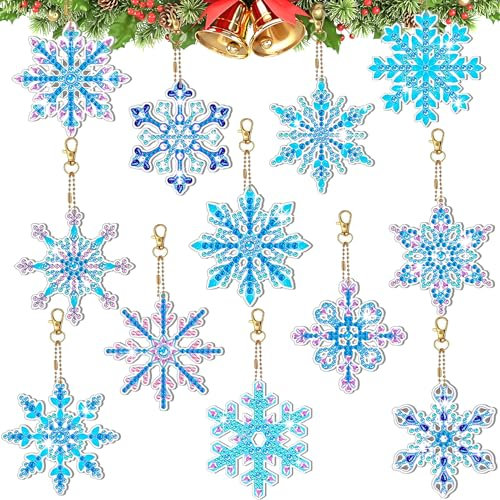 12 Stück Weihnachten Diamond Painting Schlüsselanhänger,5D Schneeflocken Diamond Painting Anhänger,Weihnachten Schneeflocken Painting Kit DIY Diamond Painting Schlüsselanhänger Deko für Kinder Kunst