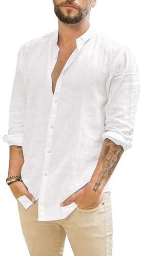 Friptspyg Linen Shirts Mens Long Sleeve Button Down Beach Causal Shirts for Men Adult, White M